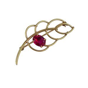 Vintage GMS Gold Filled  Leaf Brooch With Ruby Red Glass Gemstone